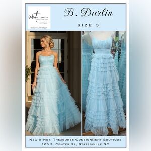 B. Darlin Light Blue Tiered Tulle Prom Dress Size 3 Spaghetti Strap Ball Gown